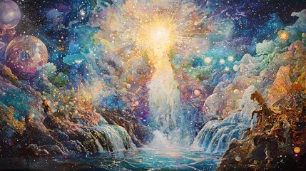 79. A celestial waterfall that flows into the stars, where divine beings gather