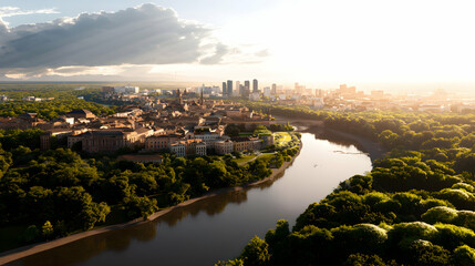 An aerial view shows a beautiful city and river landscape