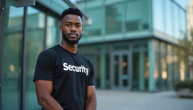 Portrait of African American security man in black t-shirt. Confident guard stands before corporate building. Outdoors safety job on street. Protecting business center and staff.