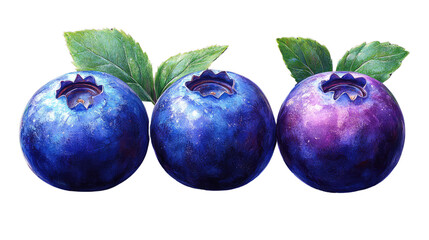 Obraz premium Fresh Blueberry Trio: a high-angle view of a trio of succulent blueberries, adorned with vibrant green leaves, showcasing nature's bounty and the sweet simplicity of life.