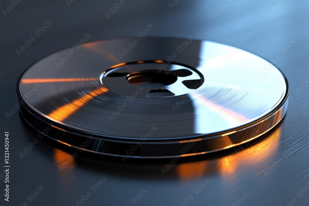 Poster a close-up shot of a disc on a table, suitable for use in music or media related contexts