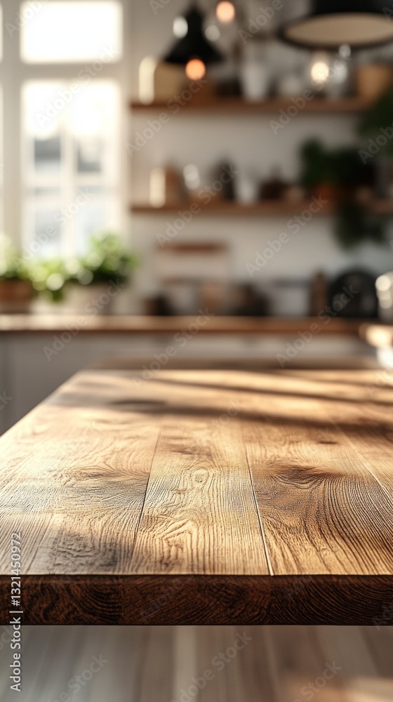 Poster sunlight dances on the smooth surface of a rustic wood table as it stands in the foreground of a sof