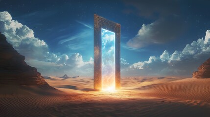 93. A gateway of light standing in the middle of an endless desert, leading to another realm