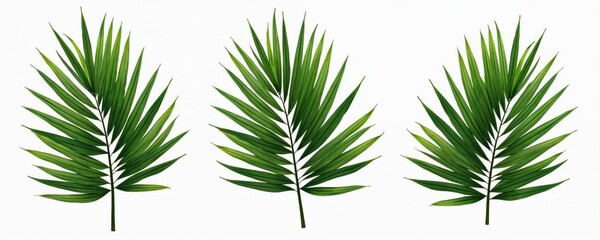 Three palm leaves isolated on white backdrop. Green tropical fronds for decorative designs. Exotic lush foliage from rainforest perfect for summer, spring, or vacation themes.