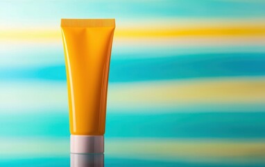 Tube of sunblock standing on a reflective poolside surface, with abstract blue and yellow streaks in the background