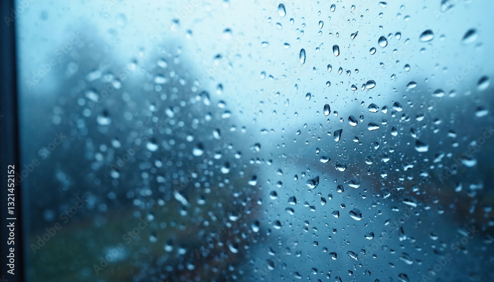 Aufkleber Raindrops on window create abstract pattern. Sky blue blurred background is outside. Macro view on water droplets on glass surface in rainy day. Weather concept with blue tones, natural fresh texture.