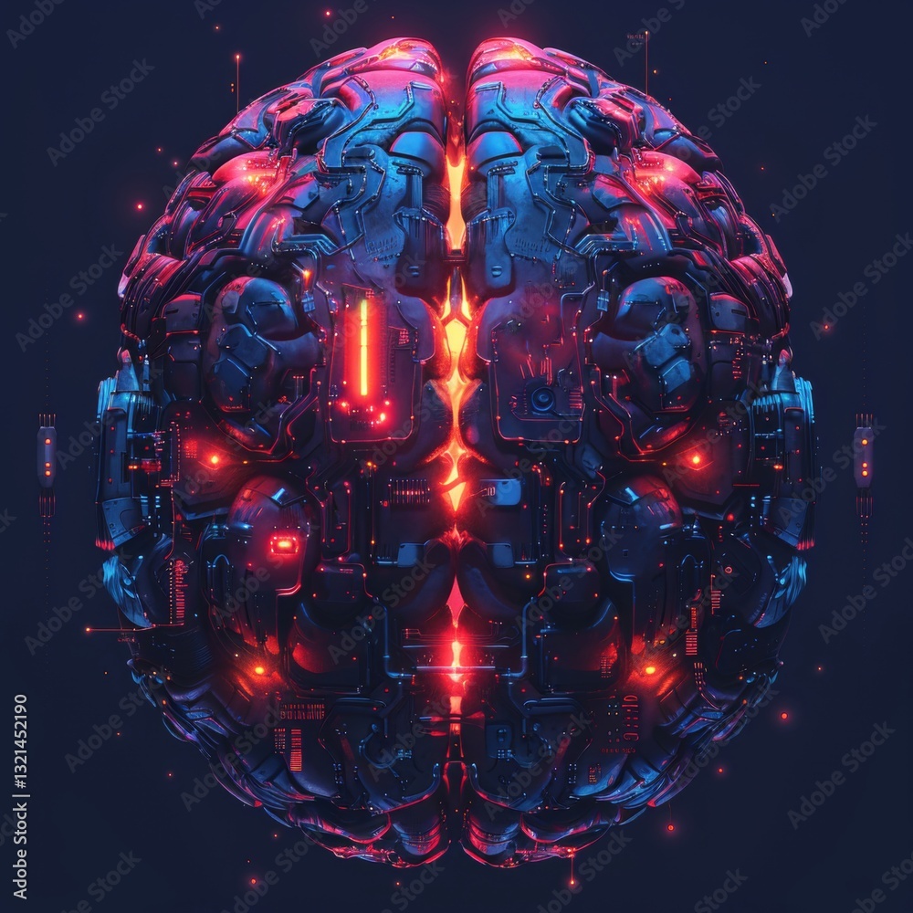 Poster a digital representation of a brain designed with intricate circuits and vibrant lights. the glowing