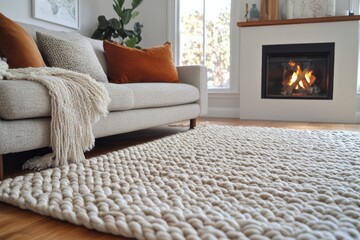 Cozy Living Room with Neutral Rug Fireplace and Throw Blanket