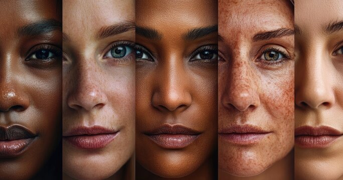 diverse women's faces in the same frame, each with unique skin tones and eye colors, representing the diversity and beauty in skincare products for all ages and ethnicities.