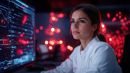Focused woman in a lab coat analyzing data on a computer screen.
