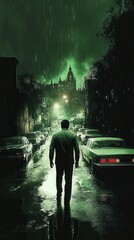 Fototapeta premium A solitary figure walks down a rain swept city street at night. Greenish lighting, dark buildings, and parked cars create a mysterious atmosphere.