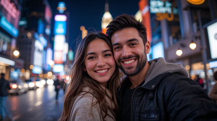 Obraz premium A happy couple embraces while smiling brightly against the vibrant city nightlife, showcasing joy and connection.