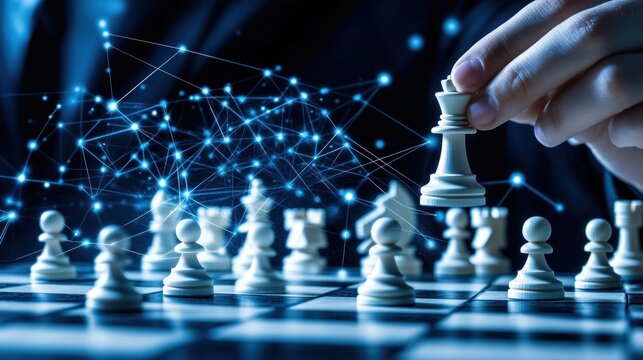 Hand moving chess king piece on board, strategy concept.