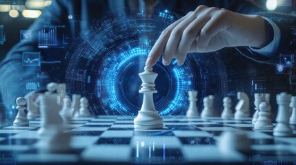 Hand moving chess king piece, strategy, digital overlay.