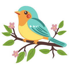 A vector colorful cartoon bird perched on a branch with flowers and leaves. The bird has a turquoise head, orange chest, and is surrounded by pink blossoms and green leaves.
