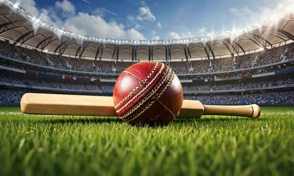 Cricket ball and bat on stadium field