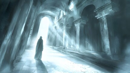 8. A spectral figure appearing in an abandoned sanctuary, whispering the secrets of old civilizations