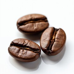 Obraz premium Close-up of three roasted coffee beans on white. Dark brown arabica seeds texture, aromatic natural caffeine, fresh espresso ingredient. Energy drink hot beverage culinary presentation.