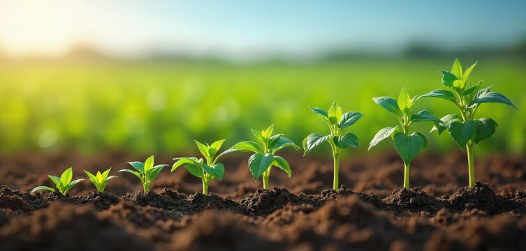 Soybean growth phases row shows gradual leguminous plants development. From seeding to maturity. Agriculture farm field view during blooming season. Bean crop cultivation. Green leaf seedling, pod