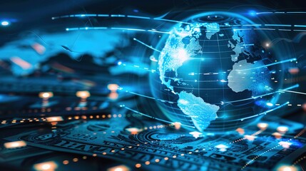 Obraz premium Holographic SWIFT Payment Globe with Currency Exchange Rates - International Finance Infographic for Banking Apps