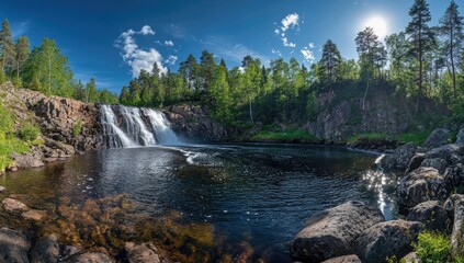 Serene waterfall cascading into a tranquil pool, surrounded by lush forest and rocky terrain under a vibrant blue sky