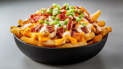 Delicious loaded fries topped with cheese, bacon, and green onions