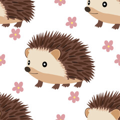 A cute vector seamless pattern featuring cartoon hedgehogs surrounded by pink flowers on a white background. © Khrystyna Turchyn