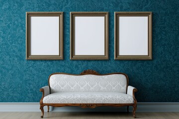 3 empty canvases with vintage frames photo-realistic, floral wallpaper, and royal sofa