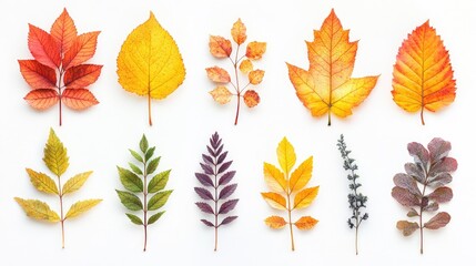 Autumn leaves collection; vibrant colors on white