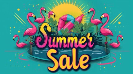 Summer sale poster with flamingos and pool float