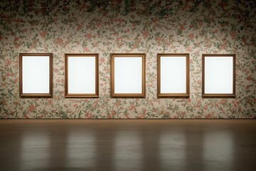 Fototapeta premium Photo-realistic image featuring empty canvases displayed in oak frames, set against a whimsical floral wallpaper background