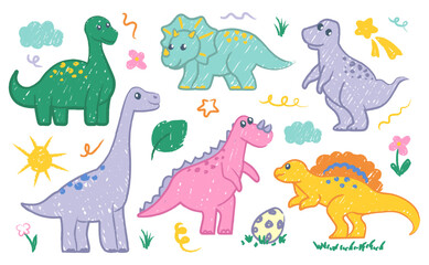 Cute crayon hand drawn dinosaurs characters Jurassic period monster vibrant childish graffiti set