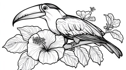 Toucan perched on hibiscus branch, tropical jungle background, nature illustration