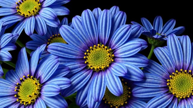 Blue daisies showcasing vibrant petals against stark black background, highlighting intricate floral details with dramatic color contrast and botanical elegance