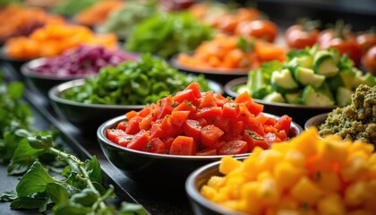 Colorful vegan food arrangement. Fresh vegetables in bowls for salad bar or buffet. Red tomatoes, green herbs, yellow mango and broccoli on kitchen table. Healthy eating, plant based diet concept.