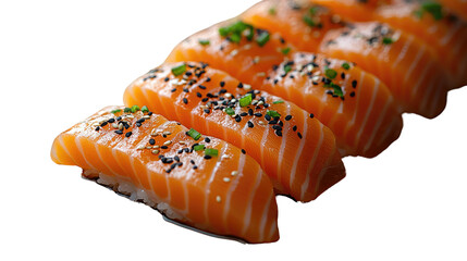 Sushi Delight: Fresh, vibrant salmon sushi, artistically arranged and adorned with sesame seeds, offers a glimpse into culinary artistry and fresh ingredients.