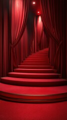 Fototapeta premium Elegant staircase adorned with rich red curtains leading to an illuminated space in a theater