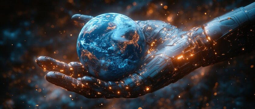 Robotic Hand Holding Earth in Cosmic Space for Healing the Planet and Combating Climate Change through Artificial Intelligence