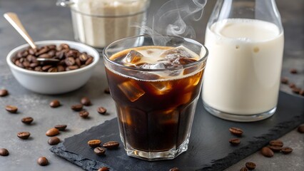 Invigorating iced coffee, perfectly chilled with ice cubes, a refreshing summer beverage. Milk and coffee beans complete this delightful scene, ready to be enjoyed.