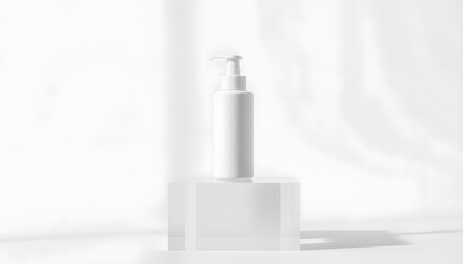 white cream cosmetic bottle on acrylic geometric pedestal podium block, studio lighting. White tone