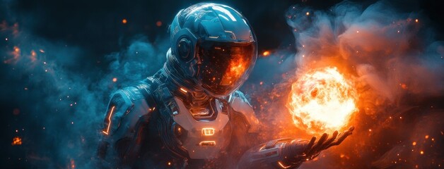 Robot Holding Burning Earth in Hands with Smoke and Flames in Dark Cinematic Cyberpunk Style
