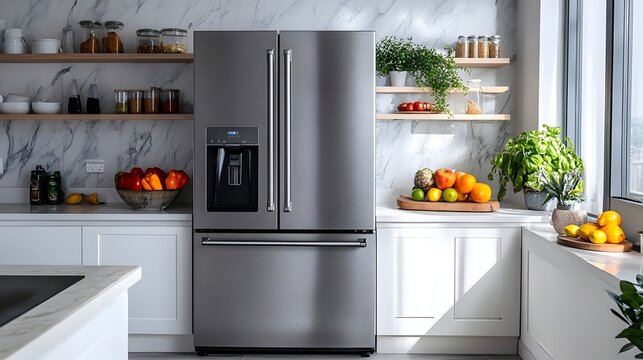 a modern stainless steel refrigerator in a contemporary kitchen setting.