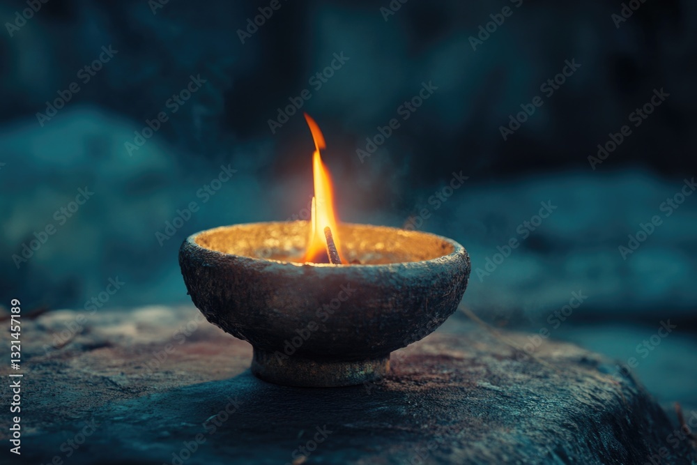 Poster a single lit candle placed on top of a rock in a natural setting