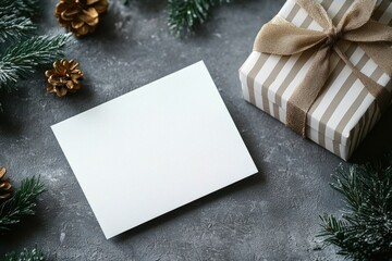 Blank Christmas or New Year Card Mockup with Gift Box and Evergreen Branches