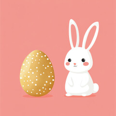 Cute Easter bunny with golden egg on pink background