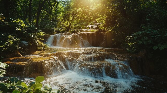 Lush waterfall cascading down rocky steps in a vibrant, sun-drenched jungle