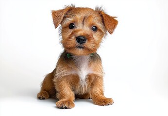 Cute Yorkshire Terrier Puppy Sitting on White Background with Green Collar