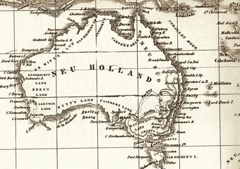 An engraved antique map showing the country of Australia.