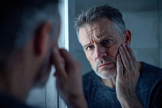Worried mature man looking in mirror feeling sad and anxious grey hair face blue eyes mood adult