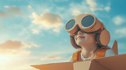 Girl dreams of flight in cardboard airplane.